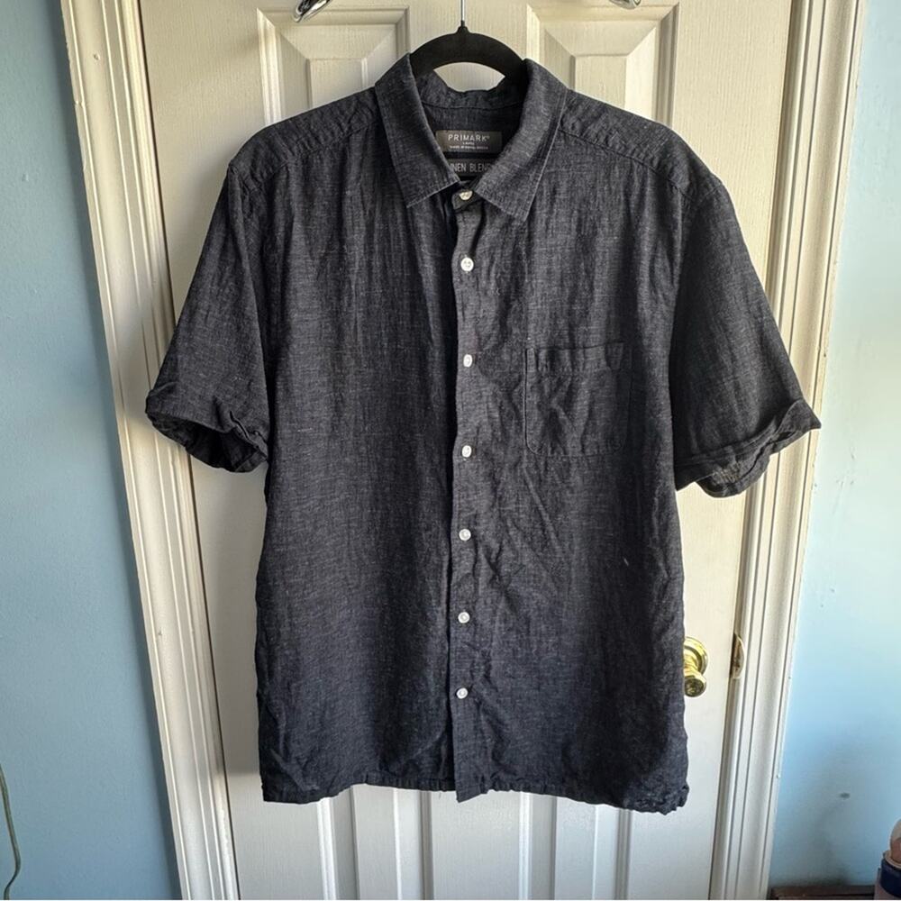 Primark Men's Navy Blue Linen Blend Short Sleeved button down Sz Medium